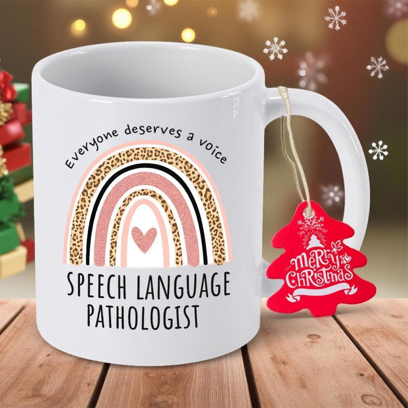 Tailorly White Ceramic 11 oz Mug - Everyone Deserves A Voice Speech Language Pathologist Leopard Pattern Boho Style Arc With Minimalist Heart Shaped Rainbow