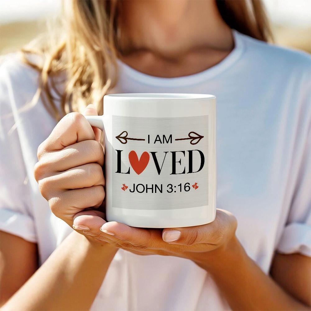 Tailorly White Ceramic 11 oz Mug - I Am Loved John 3 16 Minimalist Inspirational Quote Featuring A Vibrant Red Heart Symbol Within Words Sign