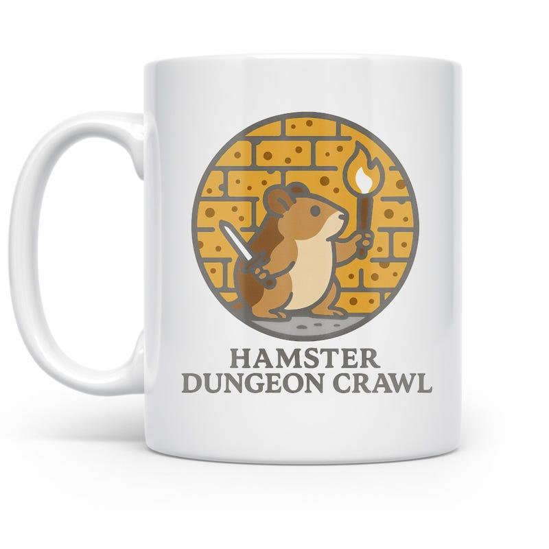 Tailorly White Ceramic 11 oz Mug - Hamster Dungeon Crawl Brave Warrior Holding Sharp Sword And Glowing Torch Inside Dungeon Hamster