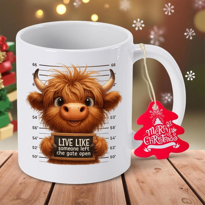 Tailorly White Ceramic 11 oz Mug - Live Like Someone Left The Gate Open Merry Christmas Adorable Shaggy Brown Fur Standing Against Height Chart Holding Wooden Sign