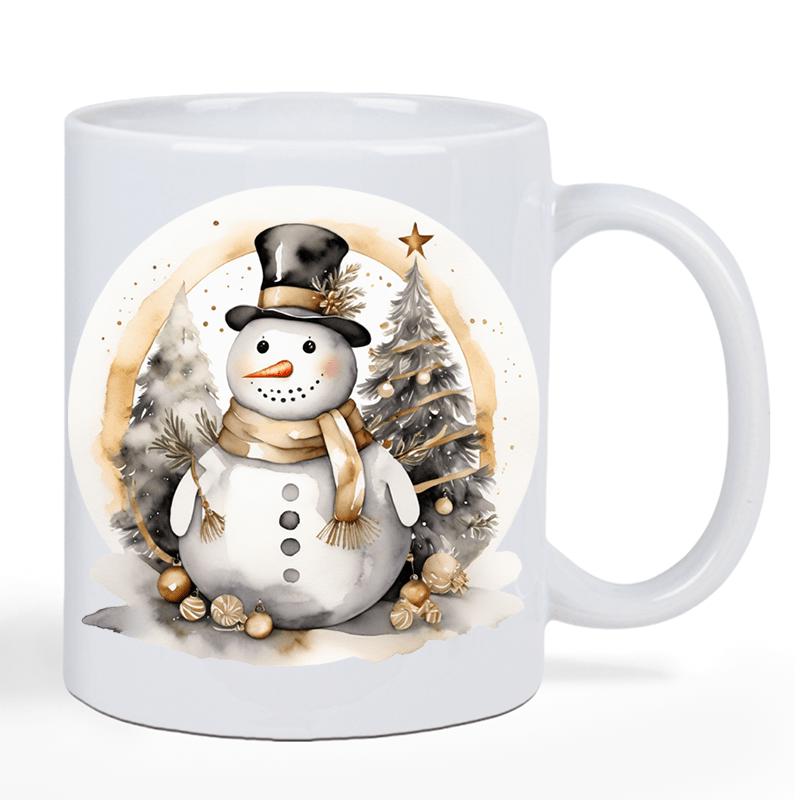 Tailorly White Ceramic 11 oz Mug - Adorable Winter Snowman Wearing Top Hat Standing Between Snowy Pine Trees Snowman