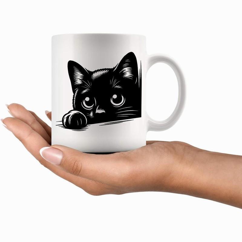 Tailorly White Ceramic 11 oz Mug - Curious Peeking Black Kitten With Large Round Eyes And Little Paw Cat
