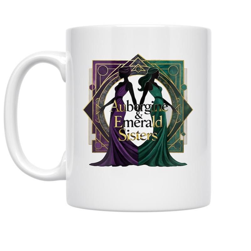 Tailorly White Ceramic 11 oz Mug - Aubergine Emerald Sisters Elegant Gowns Within Intricate Art Deco Style Geometric Patterned Frame Sisters