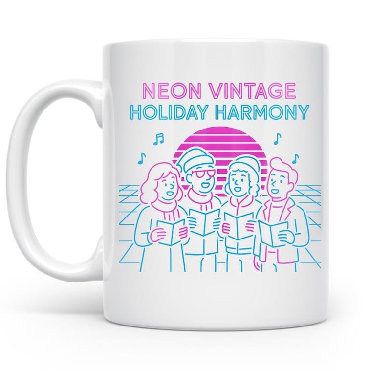 Tailorly White Ceramic 11 oz Mug - Neon Vintage Holiday Harmony Retro Stylized Group Singing Joyfully Under Vibrant Neon Sun Carolers