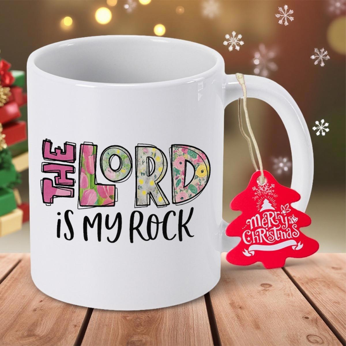 Tailorly White Ceramic 11 oz Mug - The Lord Is My Rock Featuring Vibrant Floral Patterned Letters With Script Typography Mug