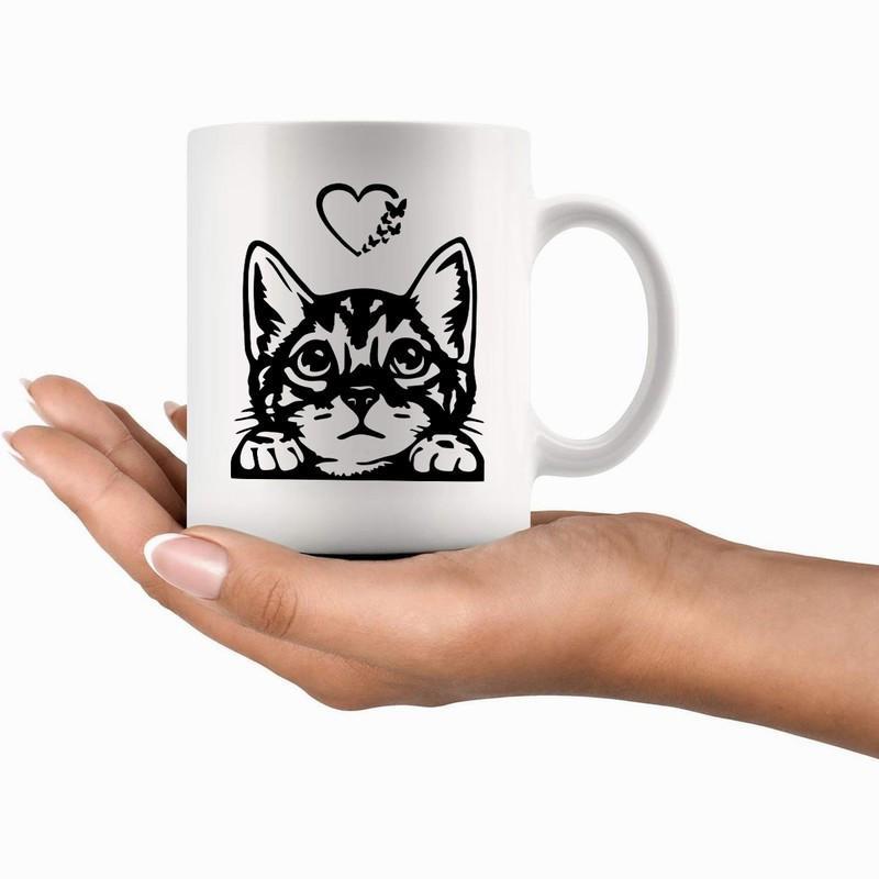 Tailorly White Ceramic 11 oz Mug - Adorable Peeking Kitten With Heartbeat Line Inside Love Heart Graphic Cat
