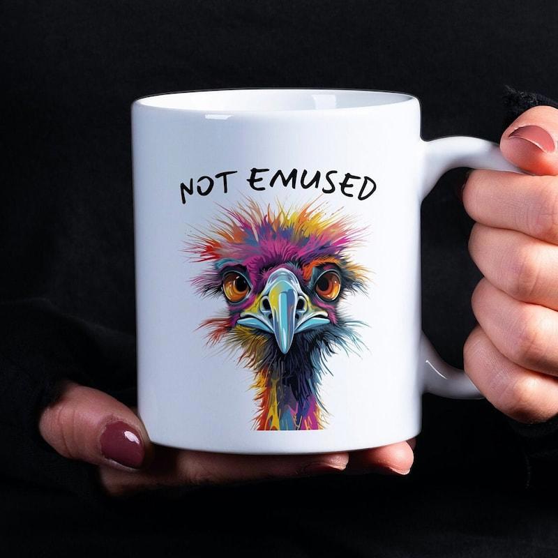 Tailorly White Ceramic 11 oz Mug - Not Emused Vibrant Colorful Artistic Bird With Expressive Eyes And Rainbow Feathers Emu