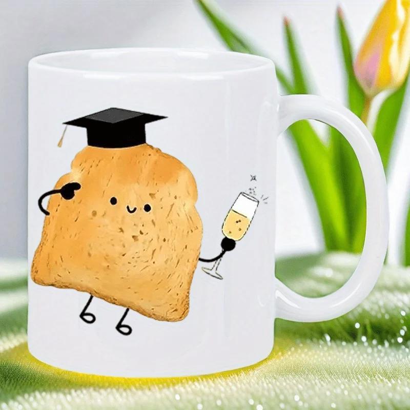 Tailorly White Ceramic 11 oz Mug - Happy Golden Brown Slice Wearing Graduation Cap Holding Champagne Glass Toast