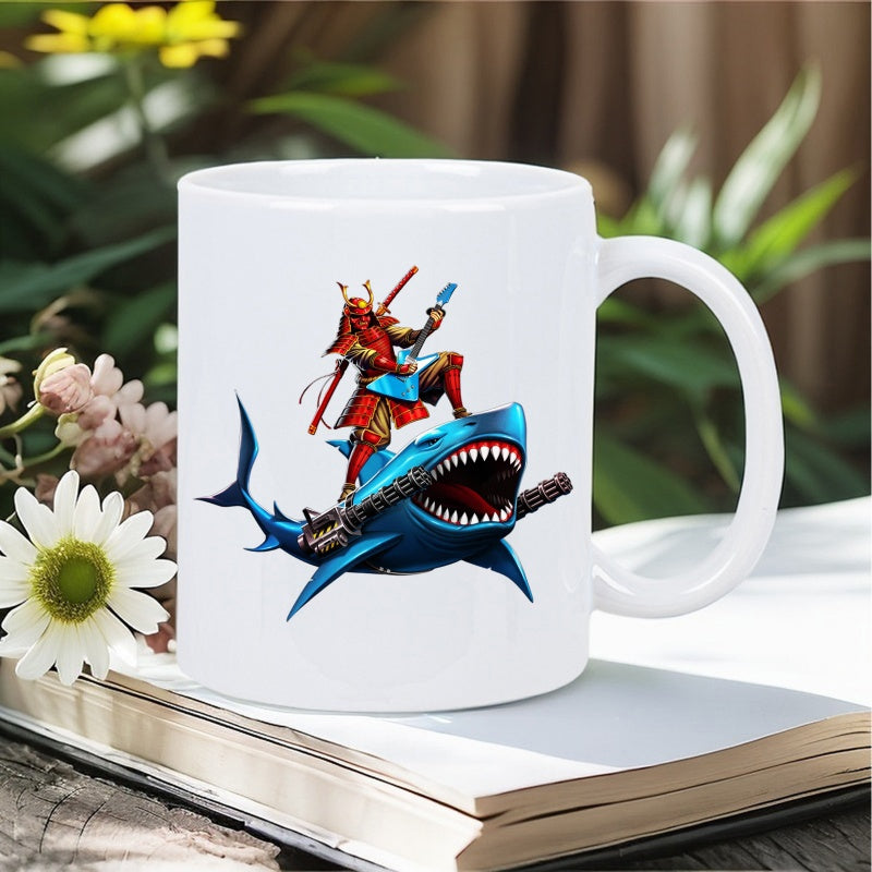 Tailorly White Ceramic 11 oz Mug - Fierce Red Samurai Warrior Playing Electric Guitar Atop A Blue Great Shark