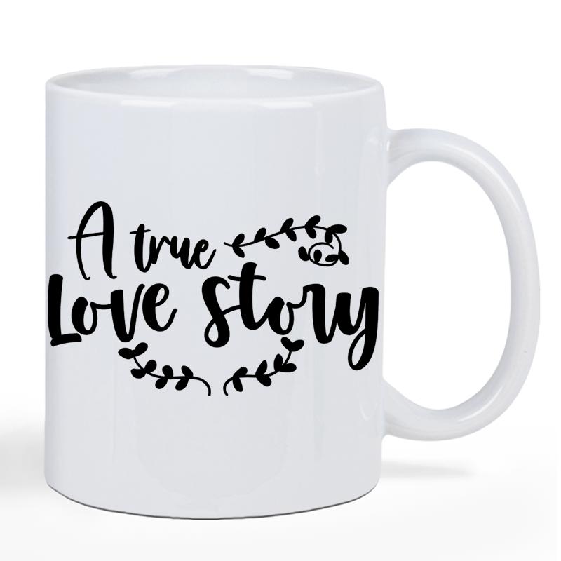 Tailorly White Ceramic 11 oz Mug - A True Love Story Minimalist Black Ink Decorative Leafy Vines Framing Elegant Branch