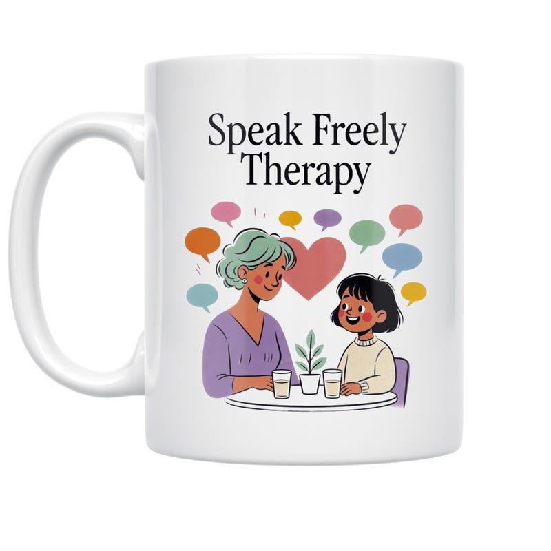 Tailorly White Ceramic 11 oz Mug - Speak Freely Therapy Gentle Counseling Session With Colorful Speech Bubbles And Heart Illustration