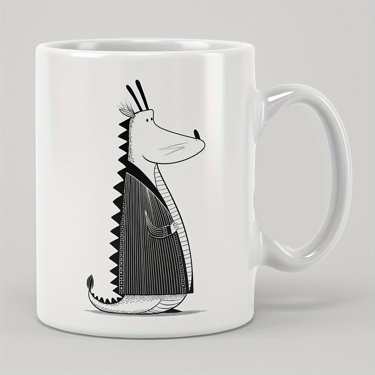 Tailorly White Ceramic 11 oz Mug - Minimalist Hand Drawn Cartoon Creature Wearing A Dark Pinstriped Suit Vest Dragon