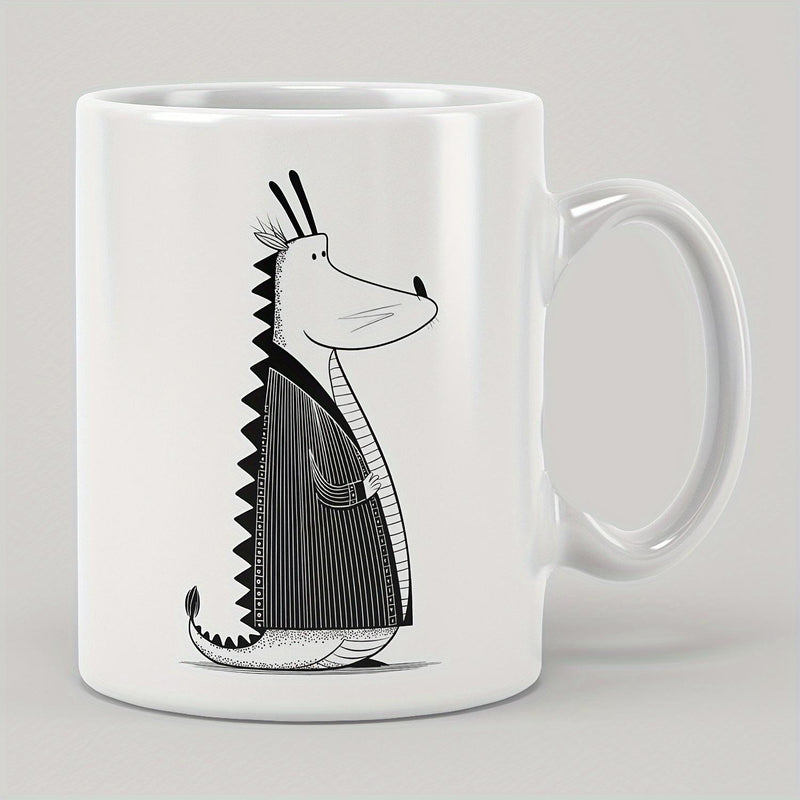 Tailorly White Ceramic 11 oz Mug - Minimalist Hand Drawn Cartoon Creature Wearing A Dark Pinstriped Suit Vest Dragon