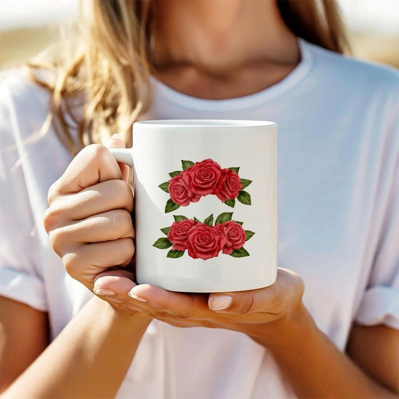 Tailorly White Ceramic 11 oz Mug - Vibrant Red Blooming Flowers Surrounded By Lush Green Delicate Foliage Natural Rose