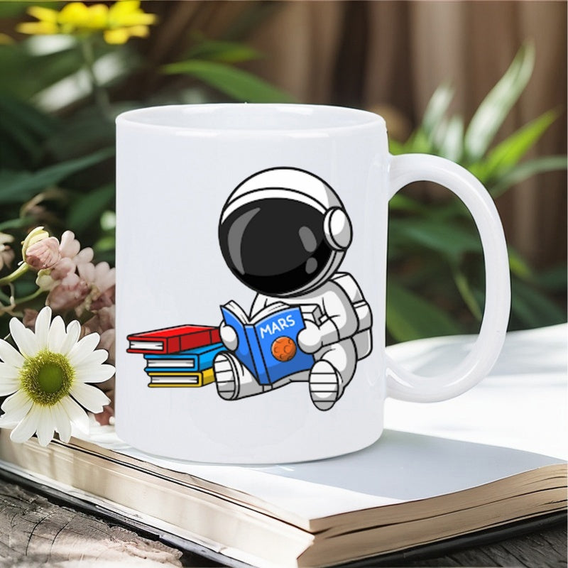 Tailorly White Ceramic 11 oz Mug - Mars Cute Cartoon Figure Sitting And Reading Science Books About Space Travel Astronaut