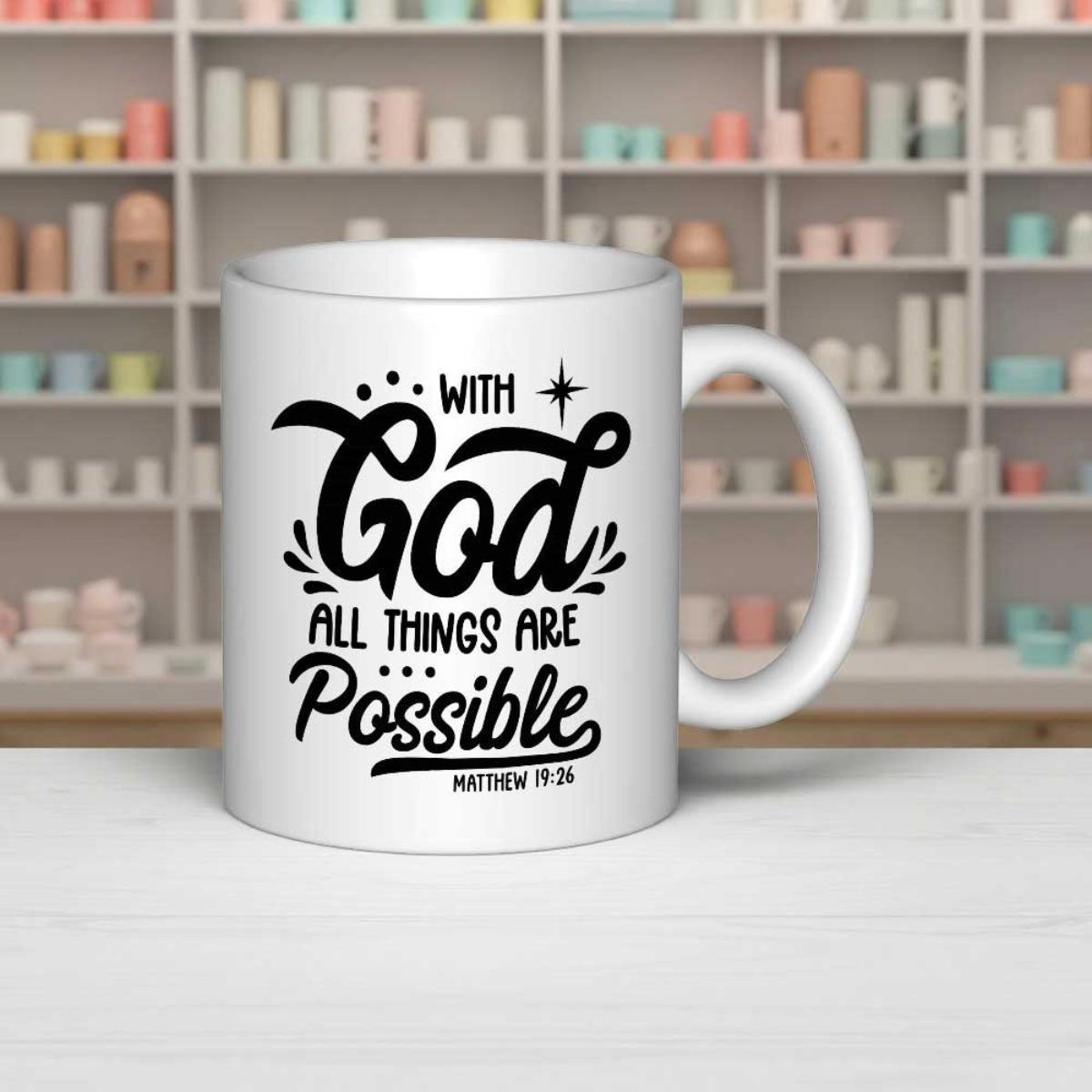 Tailorly White Ceramic 11 oz Mug - With God All Things Are Possible Matthew 19 26 Minimalist Black Script Typography With Decorative Stars And Elegant Dots Art