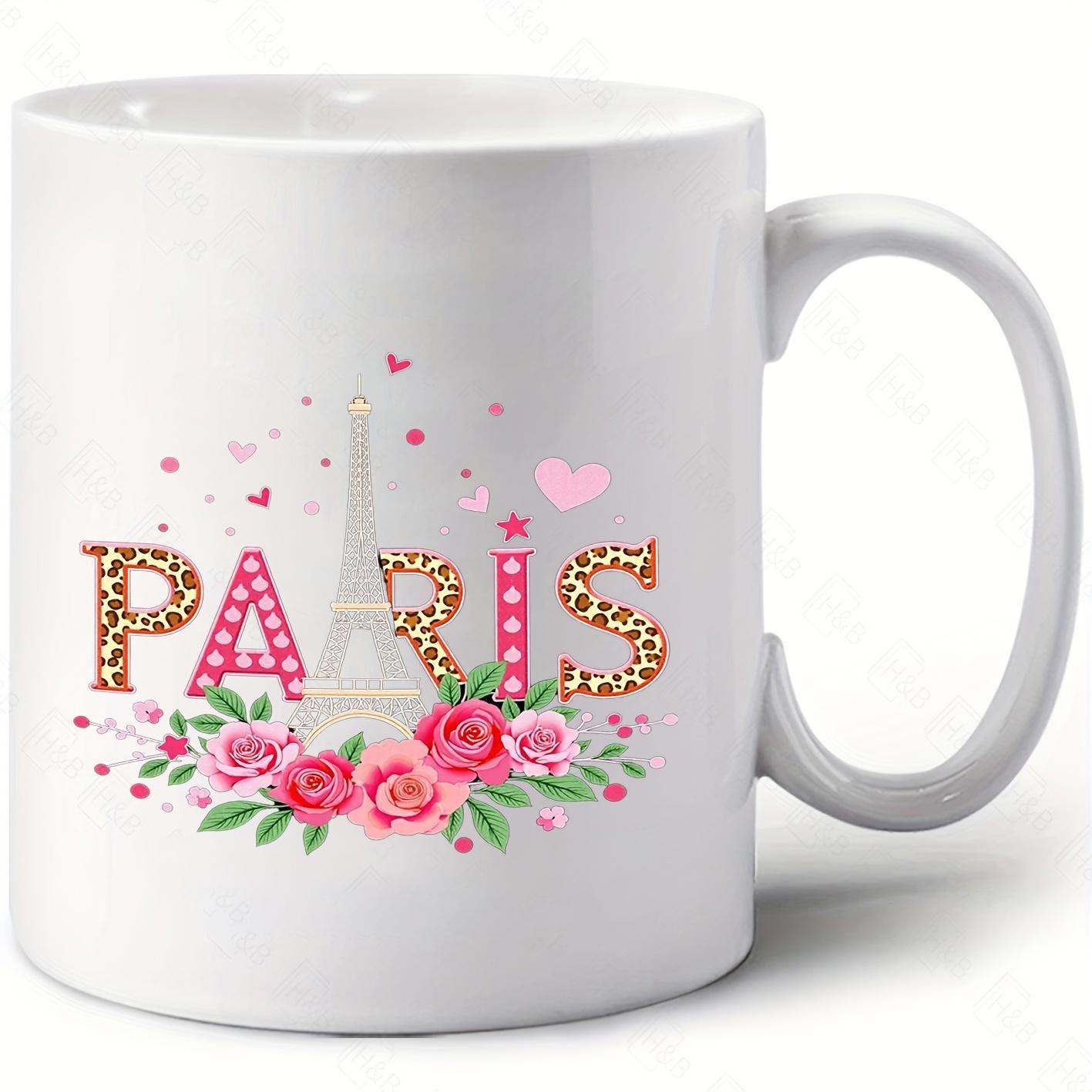 Tailorly White Ceramic 11 oz Mug - Paris Elegant Floral Design Featuring Pink Roses And Leopard Patterned Letters Behind Eiffel Tower