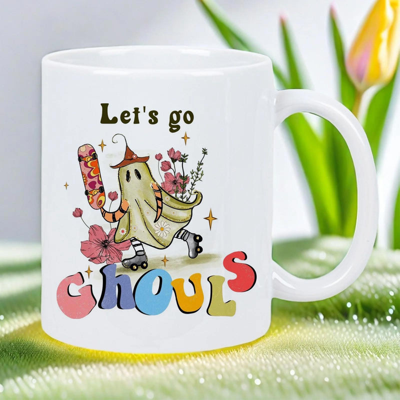 Tailorly White Ceramic 11 oz Mug - Let's Go Ghouls Vintage Groovy Skating Character Carrying Vibrant Flowers And Striped Surfboard Among Stars Ghost