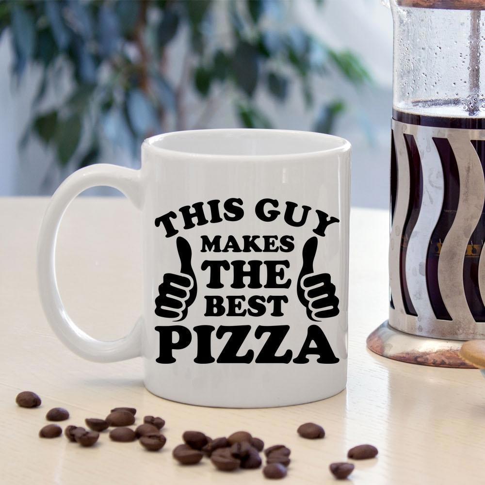 Tailorly White Ceramic 11 oz Mug - This Guy Makes The Best Pizza Bold Black Typography Featuring Two Classic Thumbs Up Illustrations Pizza