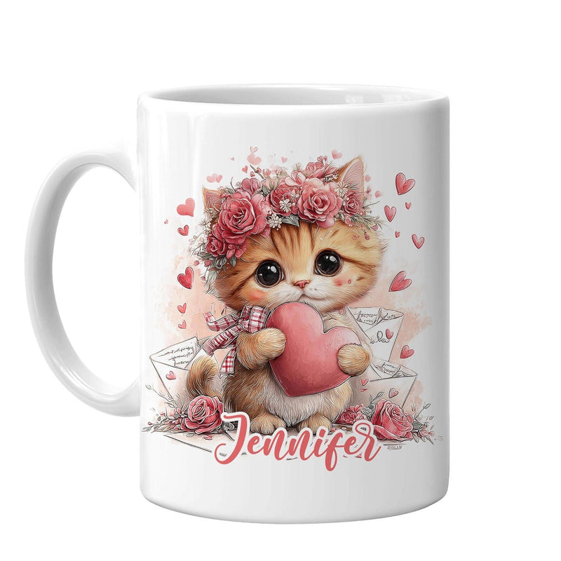 Tailorly White Ceramic 11 oz Mug - Jennifer Adorable Ginger Kitten Wearing Rose Crown Holding A Large Pink Heart Cat