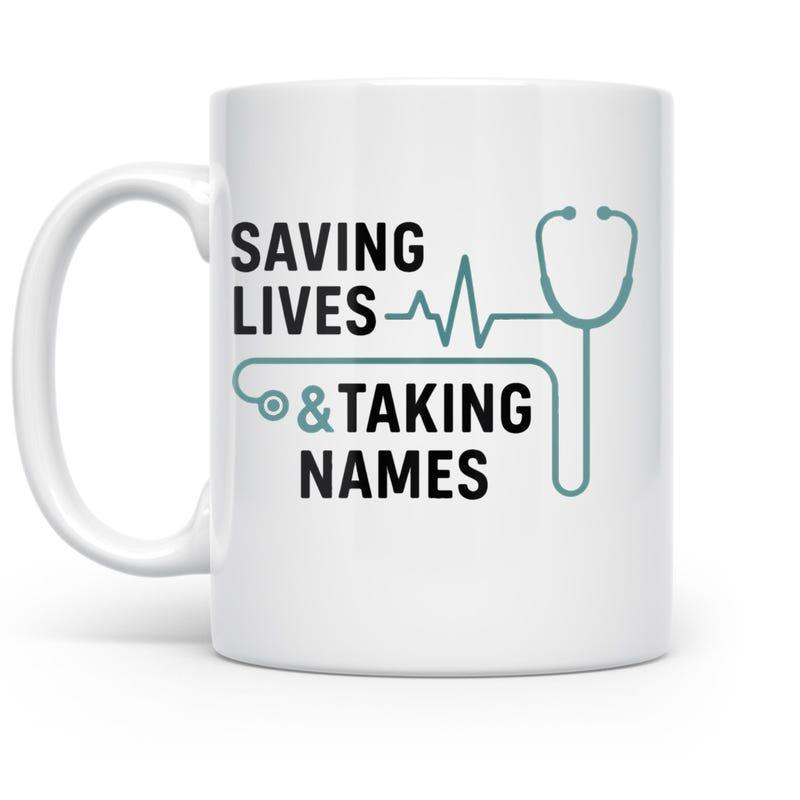 Tailorly White Ceramic 11 oz Mug - Saving Lives Taking Names Medical Heartbeat Pulse Line With Artistic Teal Minimalist Professional Stethoscope