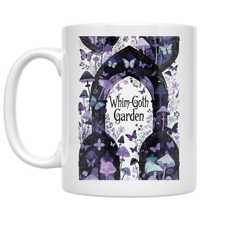 Tailorly White Ceramic 11 oz Mug - Whim Goth Garden Enchanting Butterflies Dancing Within Dark Mystic Arched Mushroom Garden