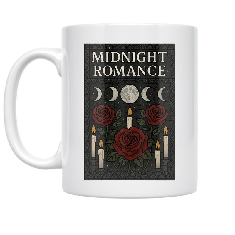 Tailorly White Ceramic 11 oz Mug - Midnight Romance Celestial Moon Phases Shining Over Blooming Red Roses And Candles Rose