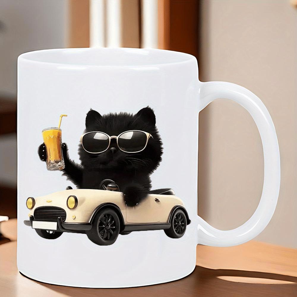 Tailorly White Ceramic 11 oz Mug - Fluffy Black Kitty Wearing Cool Sunglasses Driving A Vintage Cream Convertible Cat