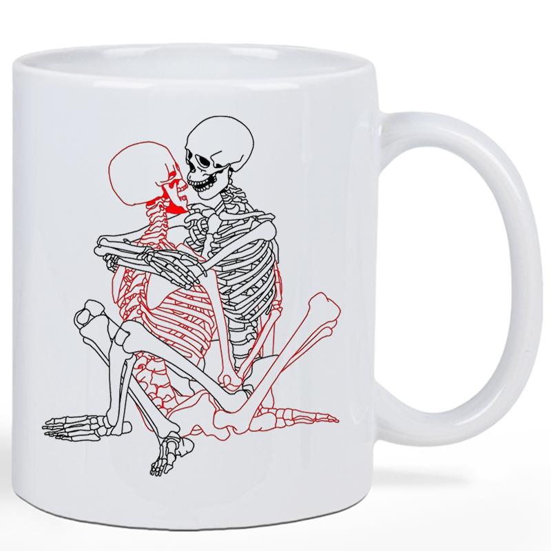 Tailorly White Ceramic 11 oz Mug - Intricately Detailed Red And Black Line Art Featuring Two Lovers Embracing Skeleton
