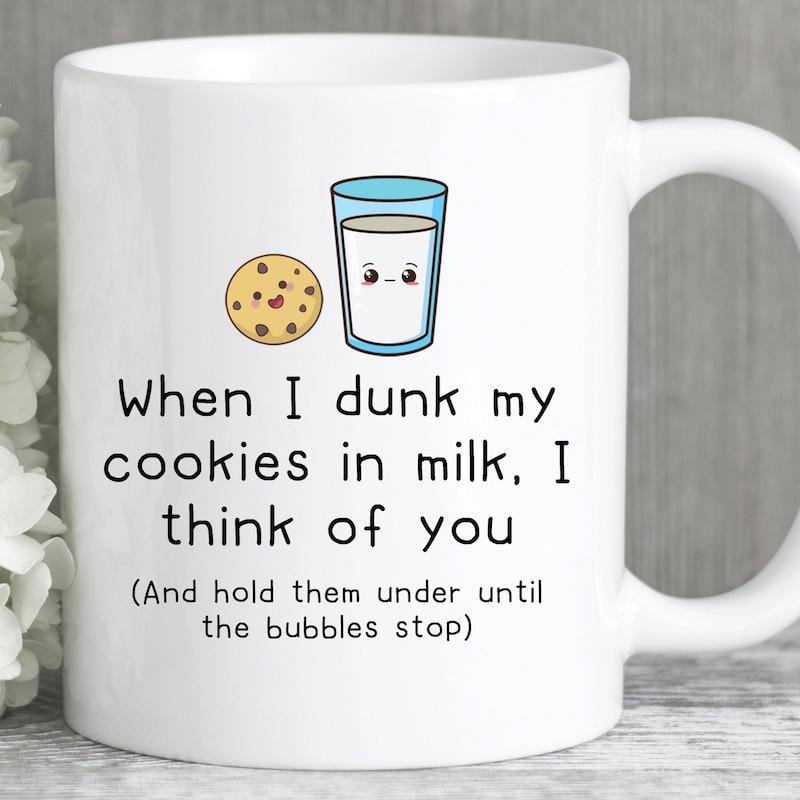 Tailorly White Ceramic 11 oz Mug - When I Dunk My Cookies In Milk I Think Of You Cute Cartoon Glass Of Milk With Round Chocolate Chip Cookie