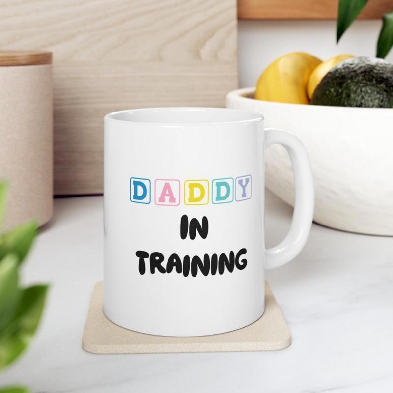 Tailorly White Ceramic 11 oz Mug - Daddy In Training Colorful Blocks With Bold Handwritten Font Style On White Surface Mug