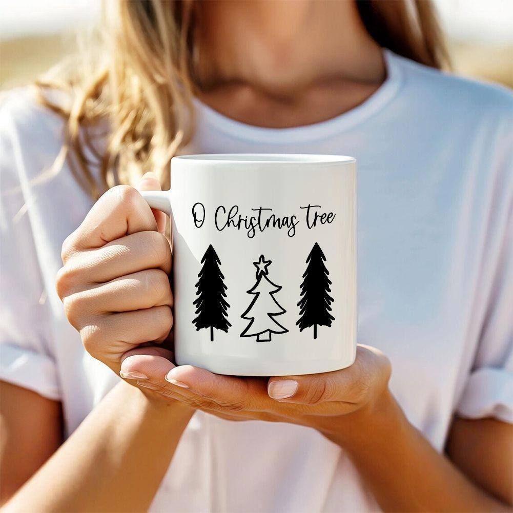 Tailorly White Ceramic 11 oz Mug - O Christmas Tree Minimalist Hand Drawn Evergreen Silhouettes Featuring A Tiny Star Pine Tree