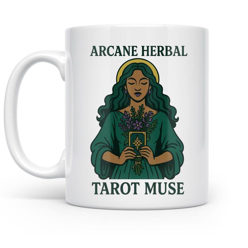 Tailorly White Ceramic 11 oz Mug - Arcane Herbal Tarot Muse Serene Mystical Woman Holding A Bouquet Of Wild Herbal Plants Woman