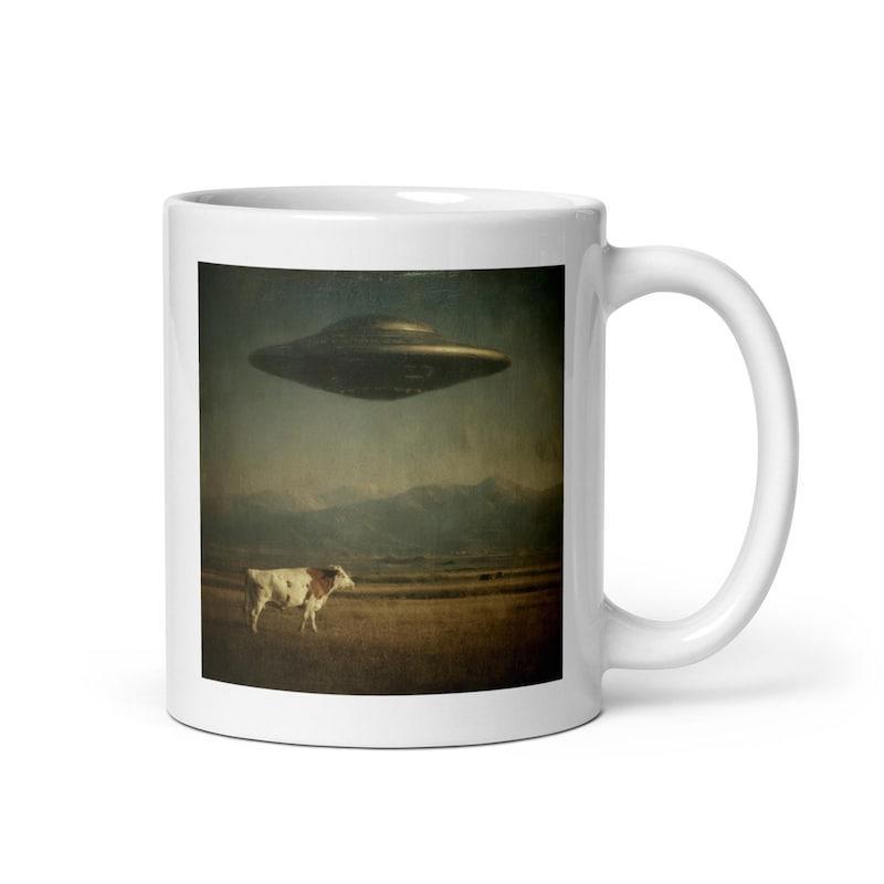 Tailorly White Ceramic 11 oz Mug - Mysterious Metallic Saucer Hovering Over A Peaceful Grazing Cow In Field Spaceship