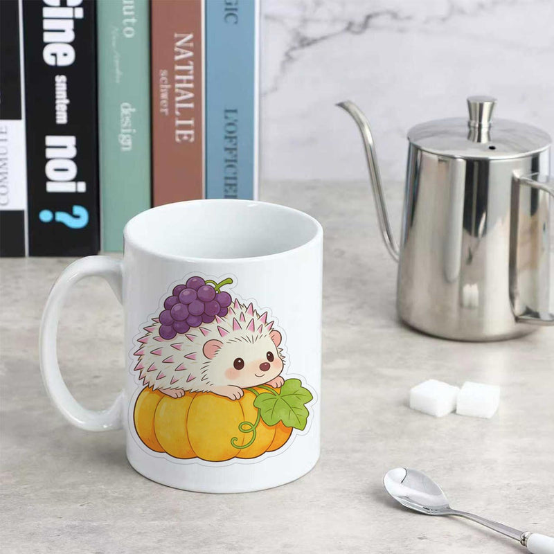 Tailorly White Ceramic 11 oz Mug - Adorable Little Hedgehog Resting On A Large Yellow Autumn Pumpkin Featuring Grapes Hedgehog