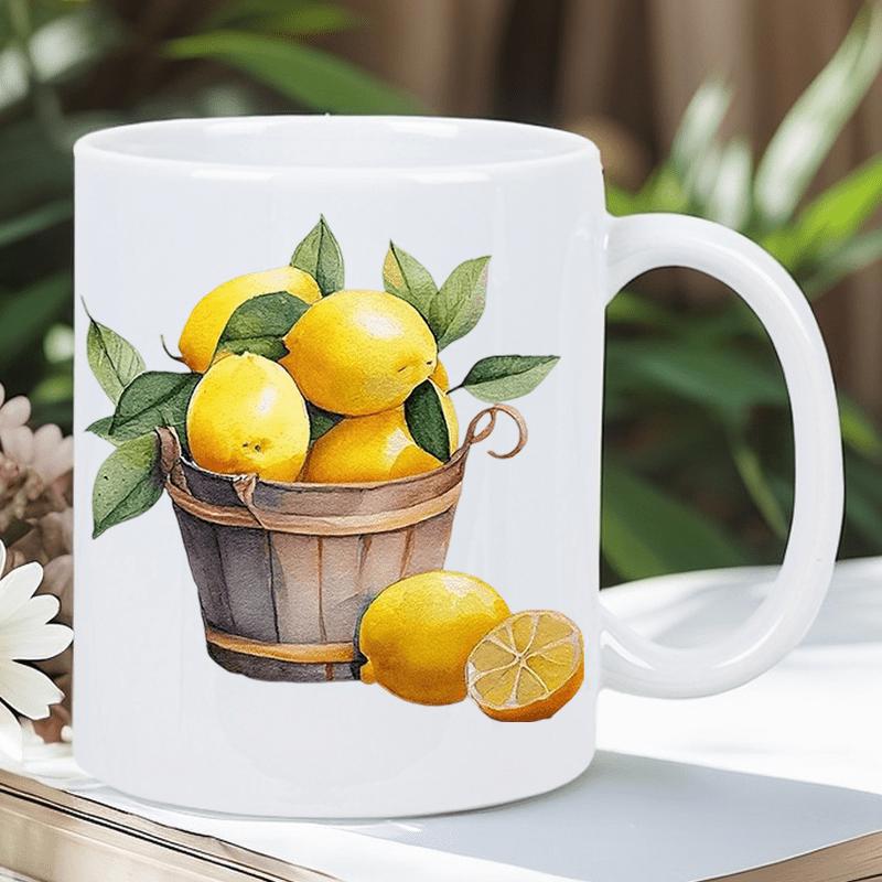 Tailorly White Ceramic 11 oz Mug - Rustic Wooden Bucket Filled With Fresh Yellow Lemons And Green Leaves Lemon