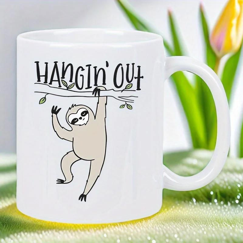 Tailorly White Ceramic 11 oz Mug - Hangin Out Hand Drawn Cute Cartoon Sloth Hanging From A Tree Branch Sloth