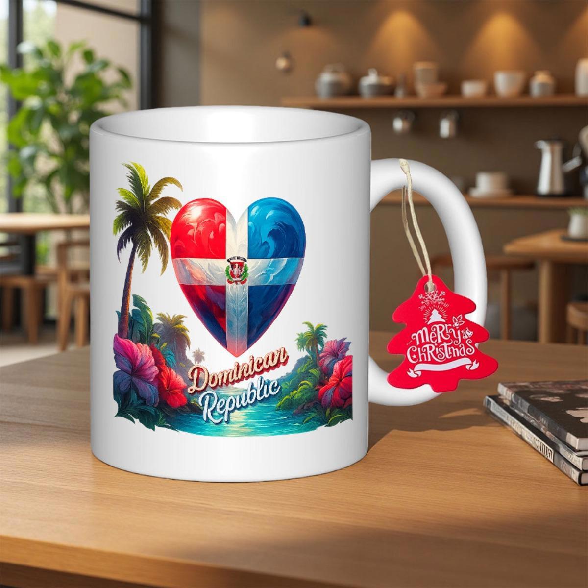 Tailorly White Ceramic 11 oz Mug - Dominican Republic Vibrant Tropical Palm Trees With Colorful Flowers Under A Heart Flag Mug