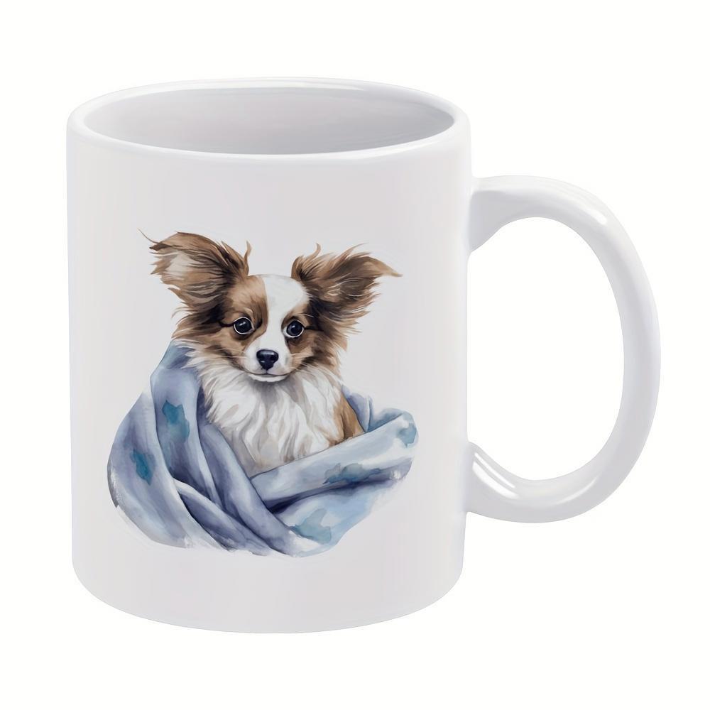 Tailorly White Ceramic 11 oz Mug - Adorable Fluffy Papillon Snuggled Within A Soft Blue Textured Cozy Blanket Dog