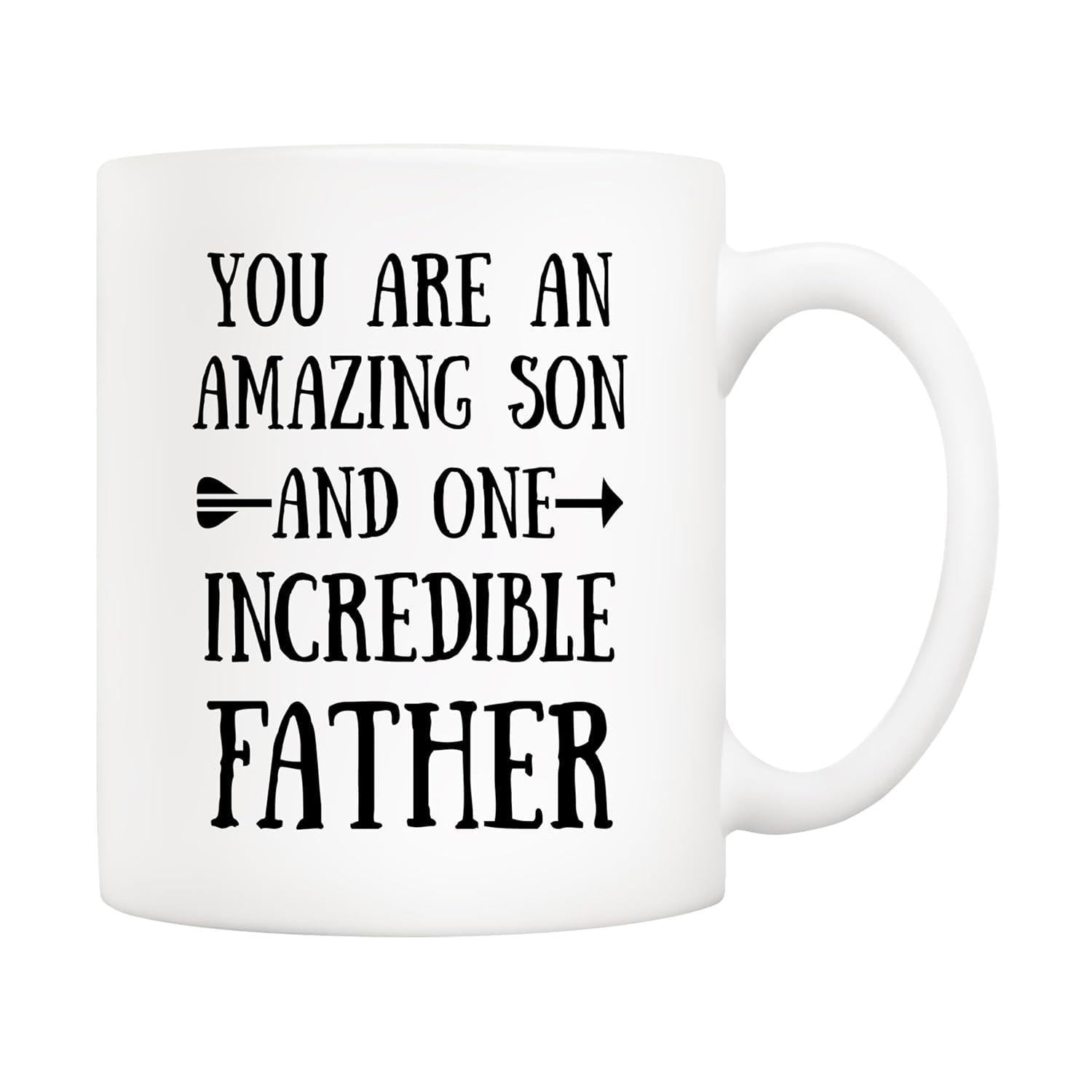 Tailorly White Ceramic 11 oz Mug - You Are An Amazing Son And One Incredible Father Minimalist Black Silhouette Pointing Right With Distressed Rustic Style Arrow