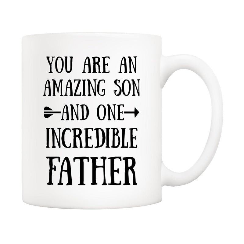 Tailorly White Ceramic 11 oz Mug - You Are An Amazing Son And One Incredible Father Minimalist Black Silhouette Pointing Right With Distressed Rustic Style Arrow