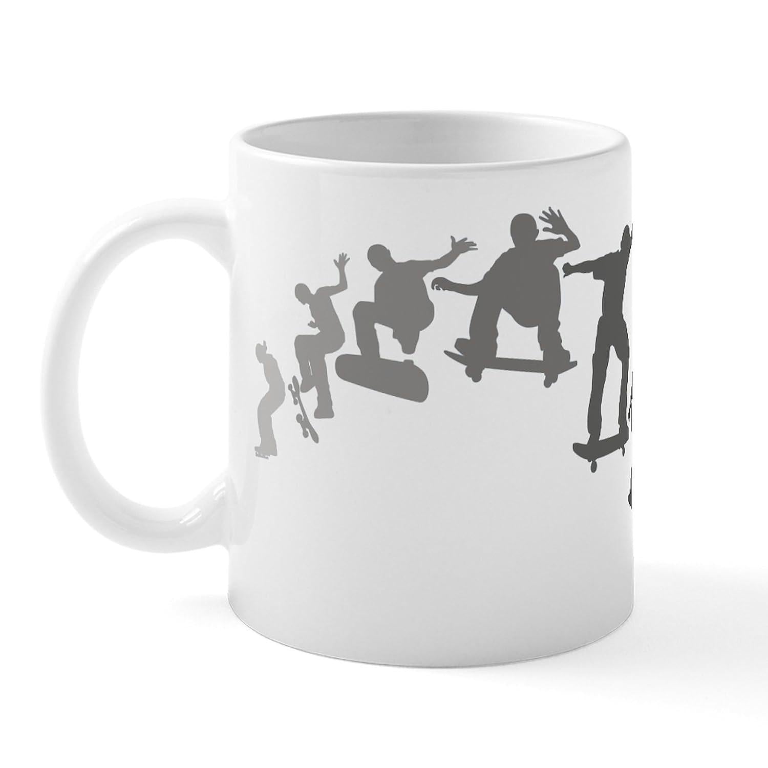 Tailorly White Ceramic 11 oz Mug - Action Sequence Of Skateboarders Performing Dynamic Air Tricks Through Midair Motion Skateboarder