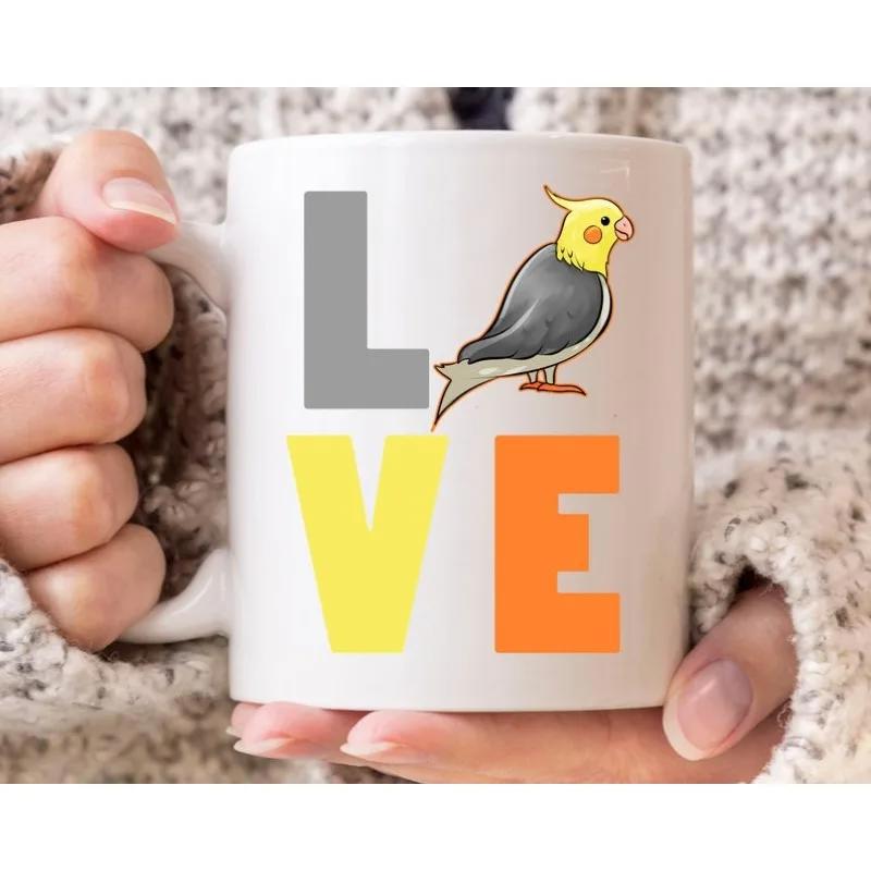 Tailorly White Ceramic 11 oz Mug - Love Adorable Grey Cartoon Bird With Yellow Crest And Orange Cheeks Cockatiel