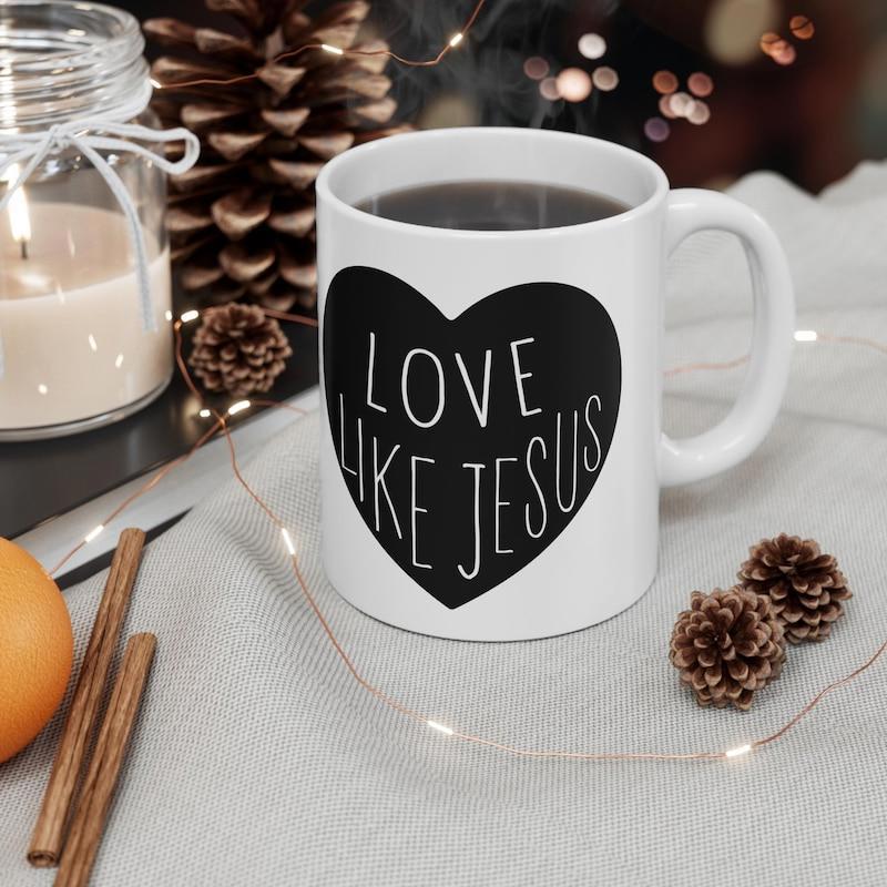 Tailorly White Ceramic 11 oz Mug - Love Like Jesus Minimalist Black Silhouette Featuring Elegant Script Within A Bold Romantic Heart