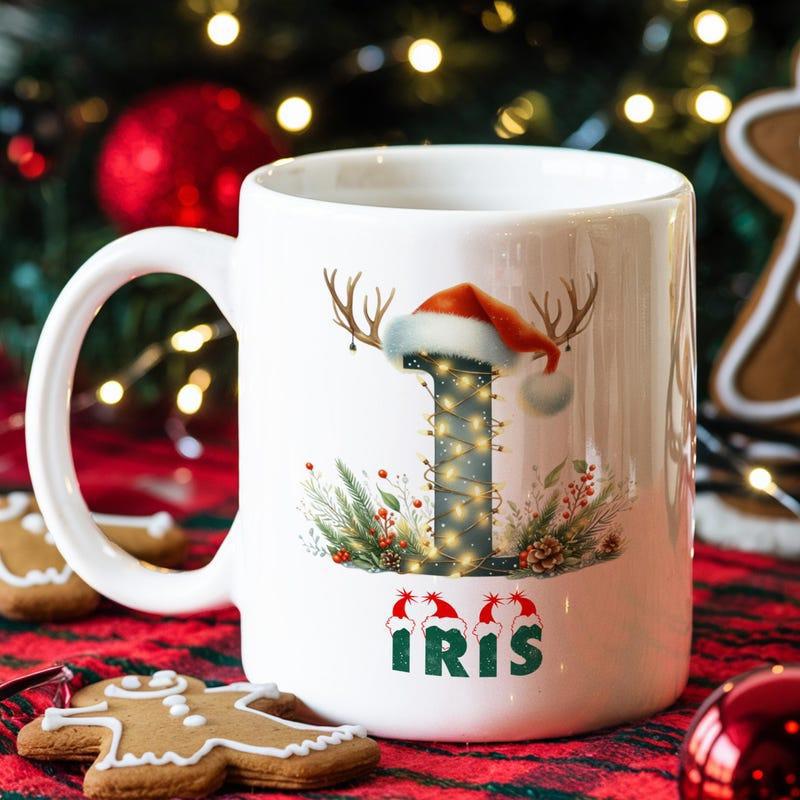Tailorly White Ceramic 11 oz Mug - Iris Festive Number One Decorated With Twinkling Lights And Reindeer Antlers Number