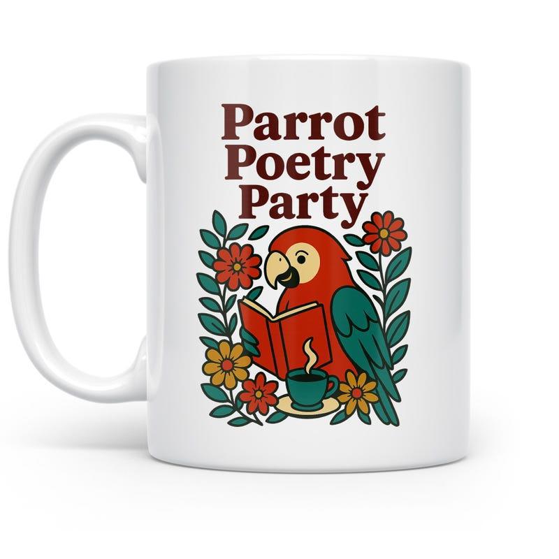 Tailorly White Ceramic 11 oz Mug - Parrot Poetry Party Vibrant Red Macaw Reading Open Book Surrounded By Colorful Flowers Parrot