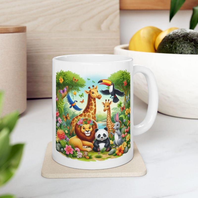 Tailorly White Ceramic 11 oz Mug - Colorful Wild Jungle Scene Featuring Happy Forest Friends Animals