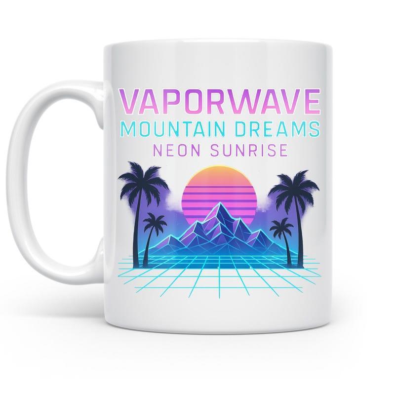Tailorly White Ceramic 11 oz Mug - Vaporwave Mountain Dreams Neon Sunrise Retro Neon Sunset With Silhouettes Of Palm Trees And Glowing Grid Landscape Mountain