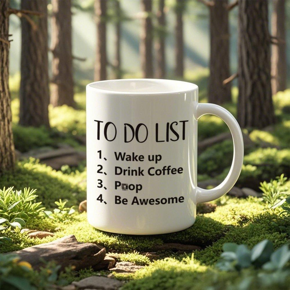 Tailorly White Ceramic 11 oz Mug - To Do List Wake Up Drink Coffee Poop Be Awesome Ceramic White Cup Resting On Mossy Ground In Sunlit Forest Background Mug