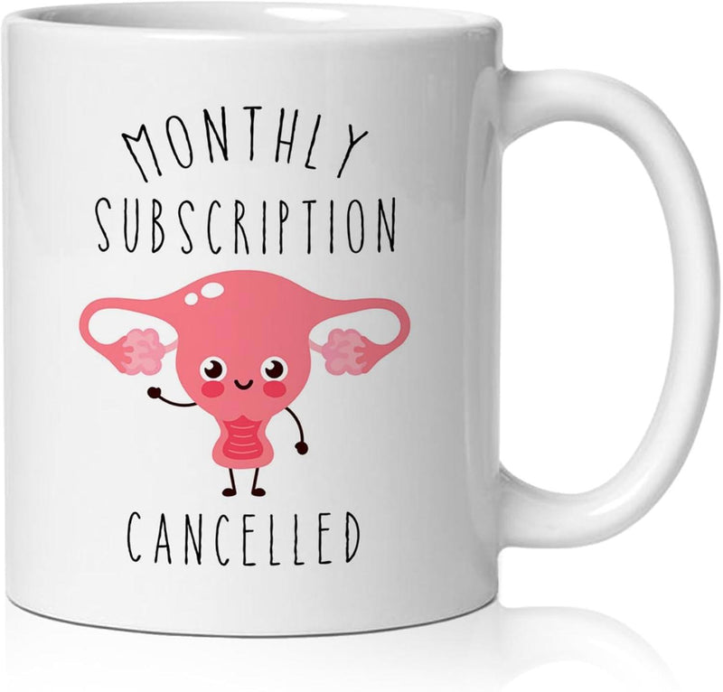 Tailorly White Ceramic 11 oz Mug - Monthly Subscription Cancelled Cute Pink Cartoon Anatomical Graphic With Friendly Smiling Face Uterus